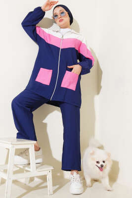 Pazarium - Garnili Önü Fermuarlı İkili Takım Lacivert