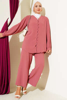 Pazarium - V Yaka Brit Düğmeli Ayrobin İkili Takım Gül Kurusu