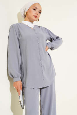 V Yaka Brit Düğmeli Ayrobin İkili Takım Gri - Thumbnail