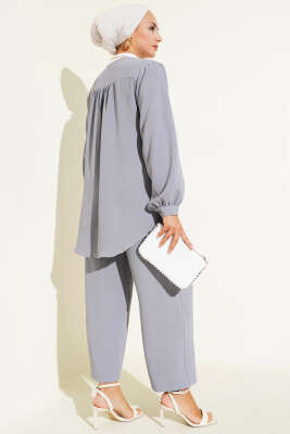 V Yaka Brit Düğmeli Ayrobin İkili Takım Gri - Thumbnail
