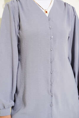 V Yaka Brit Düğmeli Ayrobin İkili Takım Gri - Thumbnail