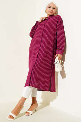 Pazarium - Yanı Yırtmaçlı Çizgili Uzun Gömlek Mürdüm