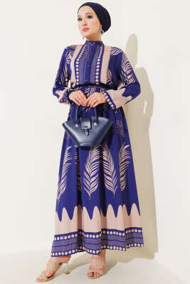 Pazarium - Yaprak Desenli Kuşaklı Elbise Lacivert