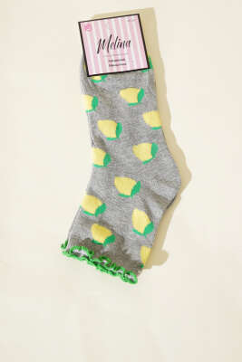 Kadın Meyve Figürlü Soket Çorap Gri - Thumbnail