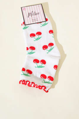 Pazarium - Kadın Meyve Figürlü Soket Çorap Beyaz