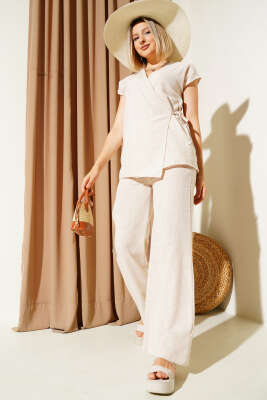 Pazarium - V Yaka Yandan Bağlamalı Keten İkili Takım Bej