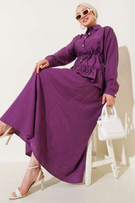 Pazarium - Metal Düğmeli Fırfırlı Etekli İkili Takım Magenta