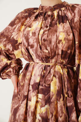 Ebruli Desenli Elbise Kahve - Thumbnail