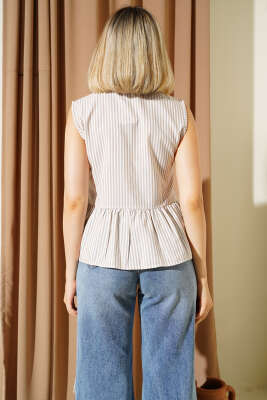 Çizgili Önü Bağlamalı Gömlek Bej - Thumbnail