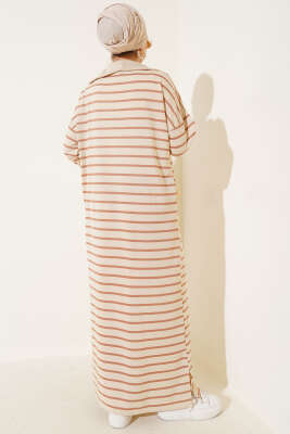 Yarım Fermuarlı Çizgili Salaş Elbise Latte - Thumbnail