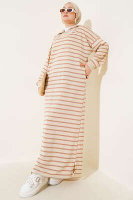 Yarım Fermuarlı Çizgili Salaş Elbise Latte - Thumbnail