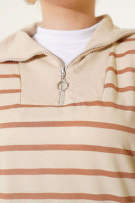 Yarım Fermuarlı Çizgili Salaş Elbise Latte - Thumbnail