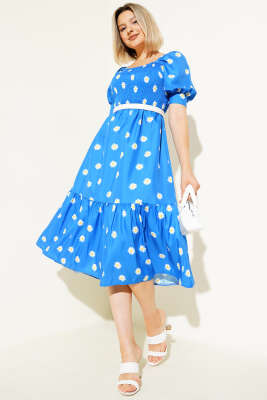 Pazarium - Papatyalı Gipeli Midi Elbise Mavi