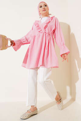 Pazarium - Yaka Fırfırlı Yan İp Bağlamalı Kimono Pembe