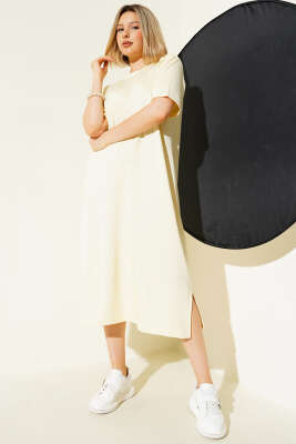 Serpme Taşlı Midi Elbise Sarı - Thumbnail