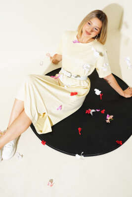 Serpme Taşlı Midi Elbise Sarı - Thumbnail