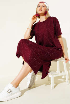 Pazarium - Serpme Taşlı Midi Elbise Bordo