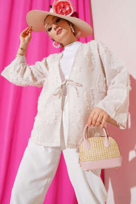 Pazarium - Püskül Detaylı Önü Bağlamalı Kimono Bej