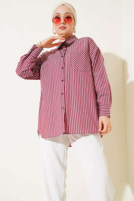 Pazarium - Salaş İnce Çizgili Gömlek Bordo