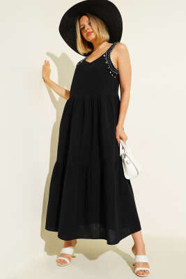 Pazarium - Mini Boncuk Detaylı Elbise Siyah