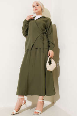 Pazarium - Yanı İp Bağlamalı Etekli İkili Takım Haki