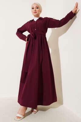 Yarım Düğmeli Bağlamalı Terikoton Elbise Bordo - Thumbnail