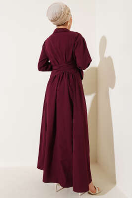 Yarım Düğmeli Bağlamalı Terikoton Elbise Bordo - Thumbnail