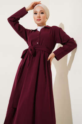 Yarım Düğmeli Bağlamalı Terikoton Elbise Bordo - Thumbnail