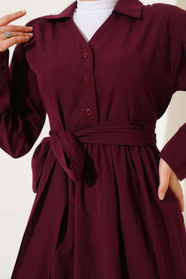 Yarım Düğmeli Bağlamalı Terikoton Elbise Bordo - Thumbnail
