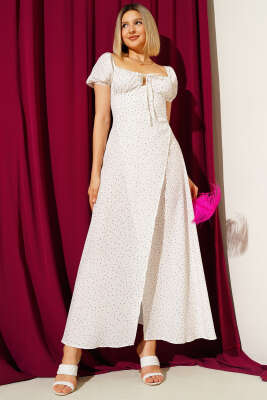 Pazarium - Puantiyeli Yırtmaçlı Midi Elbise Krem