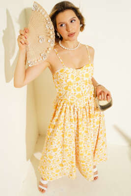 Çiçek Desen Askılı Midi Elbise Sarı - Thumbnail