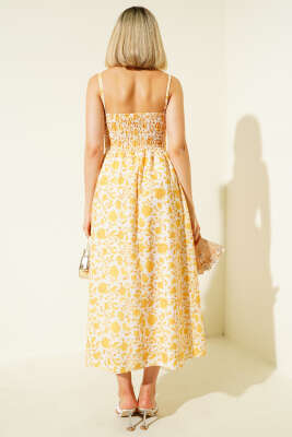 Çiçek Desen Askılı Midi Elbise Sarı - Thumbnail
