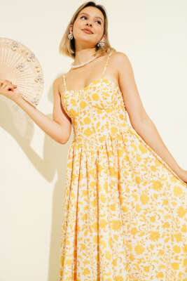 Çiçek Desen Askılı Midi Elbise Sarı - Thumbnail