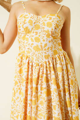 Çiçek Desen Askılı Midi Elbise Sarı - Thumbnail