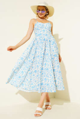 Pazarium - Çiçek Desen Askılı Midi Elbise Mavi