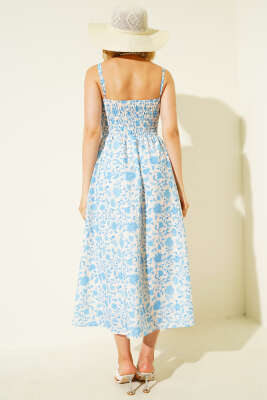 Çiçek Desen Askılı Midi Elbise Mavi - Thumbnail