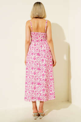 Çiçek Desen Askılı Midi Elbise Fuşya - Thumbnail