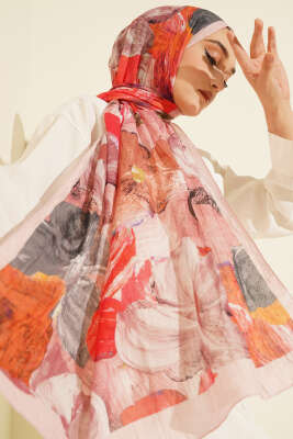 Pazarium - Ebruli Desenli Soft Kraş Şal Pudra