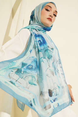 Pazarium - Çiçekli Şerit Geçiş Detaylı Şal Bebe Mavi