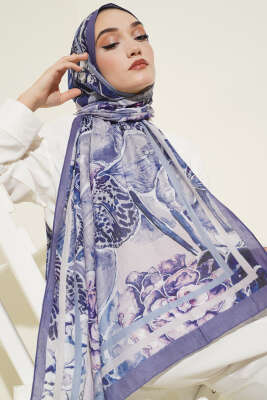 Pazarium - Şerit Geçişli Otantik Desenli Şal Indıgo