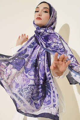 Pazarium - Şerit Geçişli Otantik Desenli Şal Lacivert