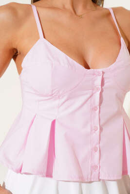 Askılı Önü Düğmeli Bluz Pembe - Thumbnail