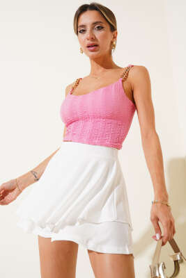 Pazarium - Zincir Detaylı Askılı Bluz Pembe