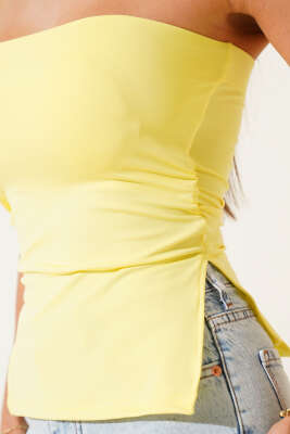 Yan Yırtmaçlı Straplez Bluz Sarı - Thumbnail
