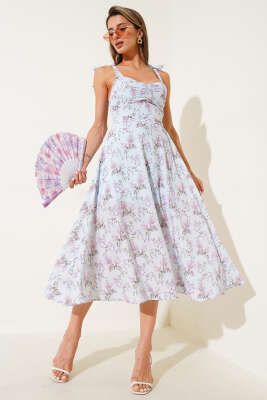 Mini Çiçekli Omuz Bağlamalı Midi Elbise Mavi - Thumbnail