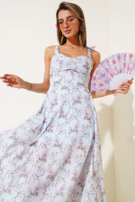 Mini Çiçekli Omuz Bağlamalı Midi Elbise Mavi - Thumbnail