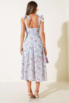 Mini Çiçekli Omuz Bağlamalı Midi Elbise Mavi - Thumbnail