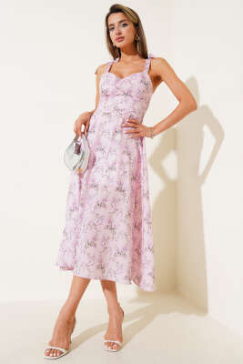 Pazarium - Mini Çiçekli Omuz Bağlamalı Midi Elbise Pembe