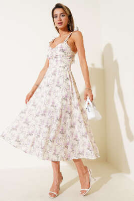 Pazarium - Mini Çiçekli Omuz Bağlamalı Midi Elbise Sarı