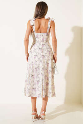 Mini Çiçekli Omuz Bağlamalı Midi Elbise Sarı - Thumbnail